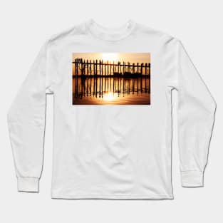 Silhouette of People on Long Wooden Bridge in Mandalay, Burma Long Sleeve T-Shirt